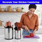 2 Pcs Kitchen Utensil Holder Set, 360° Rotating Stainless Steel Large Cooking Utensil Holder for Kitchen Counter with Removable Base, 3 Compartment Flatware Caddy for Knife Spoon Fork Spatula Tools
