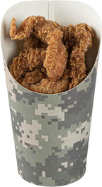 Restaurantware Bio Tek 16 Ounce French Fry Containers, 100 Disposable Charcuterie Cups - Incline Design, Round, Camouflage Paper French Fry Cups, Stackable, For Waffles, Chips, or Popcorn