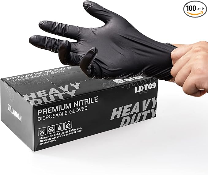LANON 6-mil Black Nitrile Disposable Gloves, Food-Safe, Powder-Free, Heavy-Duty, Textured Fingertips, Latex-Free, Small