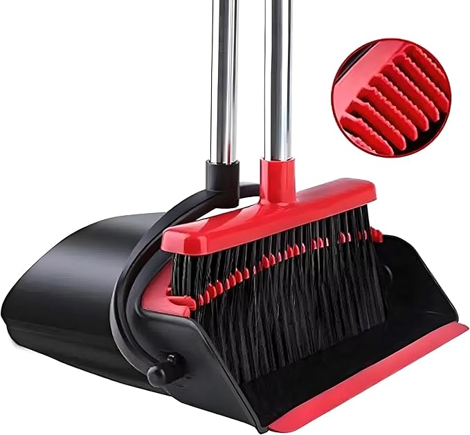 Broom and Dustpan Set – Upright Standing Broom with Long Handle and Clip-On Dustpan – Indoor Sweeping Set for Home, Office, or Kitchen – Space-Saving & Easy to Store (Red & Black)
