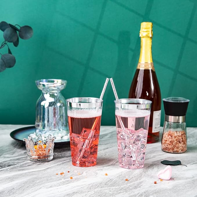 LIYH 100 Pcs 16 oz Silver Plastic Cups - Clear Plastic Tumblers with Silver Rim Big Size Fancy Disposable Clear Cups for Party & Wedding