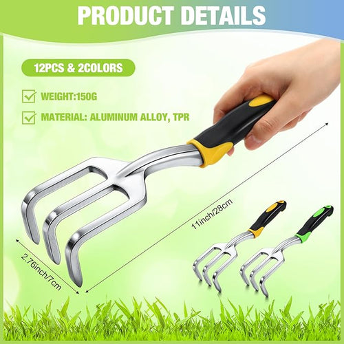 12 Pcs Hand Rake Garden Tool Mini Rake Heavy Duty Garden Cultivator 11 Inches Small Rake for Gardening Aluminum Alloy Hand Tiller with Soft TPR Handle for Digging Weeding Loosening Soil