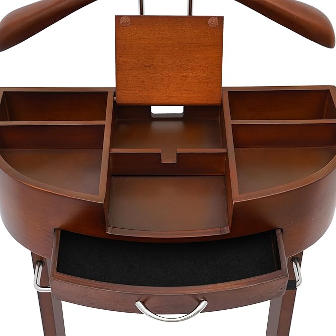 Valet Stand with Drawer and Top Tray, Wood Mens Suit Valet Stand with Wood Base, Freestanding Clothes Valet Stand with Hanger, Storage Organizer for Entryway Office Living Room (C, Walnut Color)