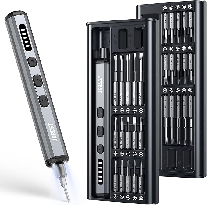 JOREST Mini Electric Screwdriver,Cordless Precision Screwdriver set with 38-in-1 Magnetic Bits, 5 Torque Settings, Repair Tool for iPhones, Laptop, Drone, Game Console, Camera;Birthday Gift for Father