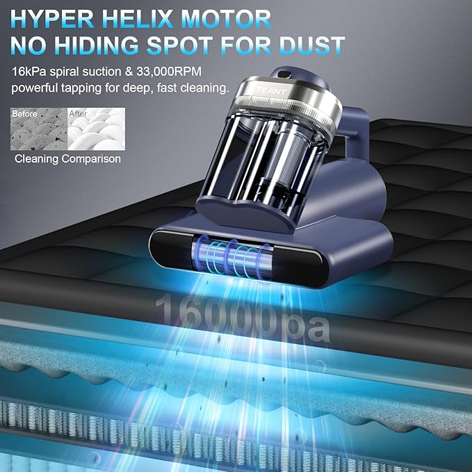 Mattress Vacuum Bed Vacuum Cleaner with 253.7nm UV-C Light, Hyper Helix Motor with 16kPa Strong Suction & 33000 RPM/Min Tapping, HEPA Filter, 149℉ Heat & Ultrasonic & Anion for Bed and Pet.