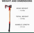Adler - The Long Splitter, 31.5 inch Anti-Slip Hickory Handle, Leather Sheath, Splitting Axe for Rounds up to 10'', 4.4 pound Head, German Made