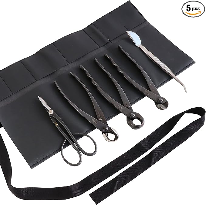 Wazakura Made in Japan 5PCS Bonsai Tool Kit with Roll Bag: Yasugi Steel Satsuki Bonsai Scissors, Concave Branch Cutter, Knob Cutter, Wire Cutter, Tweezers - 5 Tools Satsuki Set with Case