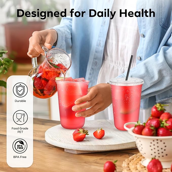 100 Pack 16 oz Clear Plastic Cups with Flat Lids and Straws, Disposable Iced Coffee To Go Cups, Plastic Smoothie Cold Drink Cup for Party, Picnic, Travel