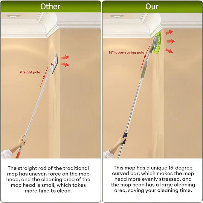Wall Cleaner, Max 66'' Wall Mop with Long Handle, Ceiling Dust Mop with 15° Labor-Saving Elbow Extension Pole, Baseboard Duster Washer Scrubber, High Reach Window Cleaning Brush, Roof Cleaning Tool-GN