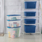 Sterilite 18 Gal Latch and Carry, Stackable Storage Bin with Latching Lid, Plastic Container to Organize Closets, Clear with Blue Lid, 18-Pack