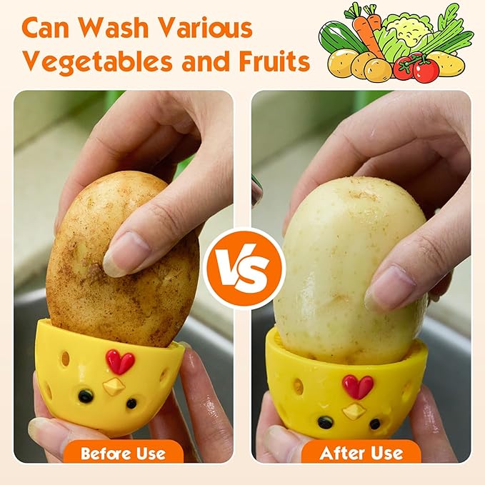Egg Brush Cleaner, Egg Cleaner Scrubber for Fresh Eggs, Cute Chick Shaped Silicone Egg Washer, Reusable Multipurpose Washing Egg Tool for Fruits and Vegetables(Beige/Orange)