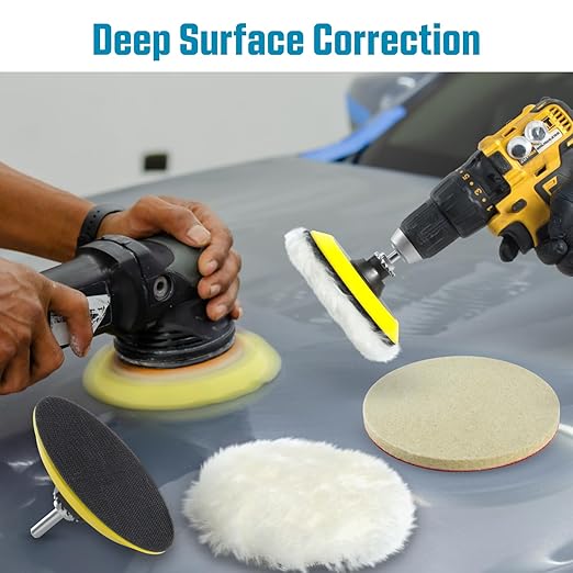 LINE10 Tools 5-Inch Wool Polishing Kit for Drill or Angle Grinder or Orbital, Includes 5 Hard Felt, 5 Soft Wool Buffing Pads with Hook and Loop, Drill Adapter Attachment, Small Car Buffer Auto Glass