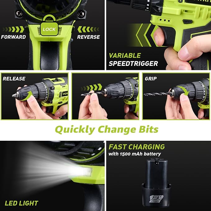 Cordless Drill: 12V Power Drill Set with Lithium Battery, 142-Piece Electric Tools Set with 3/8" Keyless Chuck, Portable Household Basic Tool Kit with Tool Box & Laser Level for Home, Green