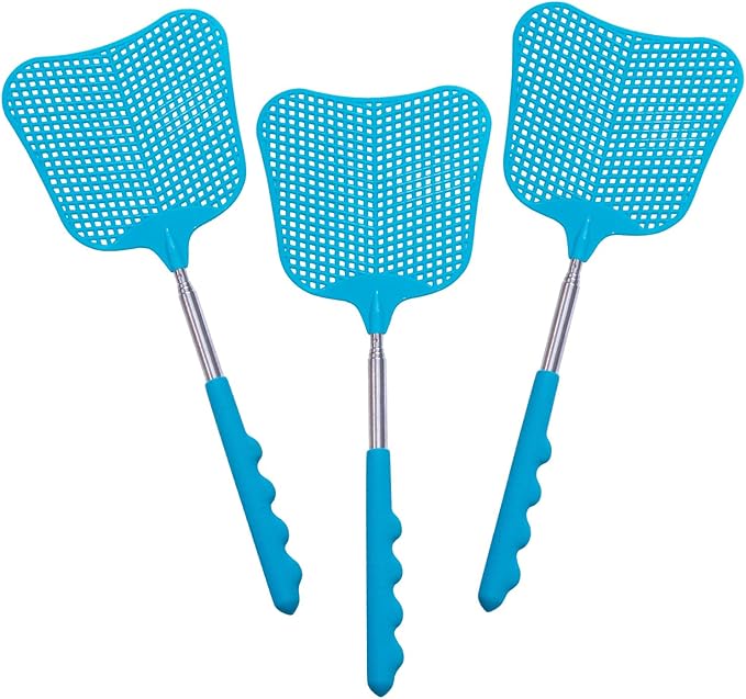 Wapodeai 3 pcs Fly Swatter, Fly Swatters Plastic Telescopic, Large Bug Swatter That Work for Indoor and Outdoor. (3 Blue)