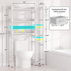 Besiost Over The Toilet Storage with 2 Drawers - 7 Tier Bathroom Organizer with Adjustable Shelf, Freestanding Space Saver Storage Rack Above Toilet Stand with 4 Hooks for Restroom, Laundry, White