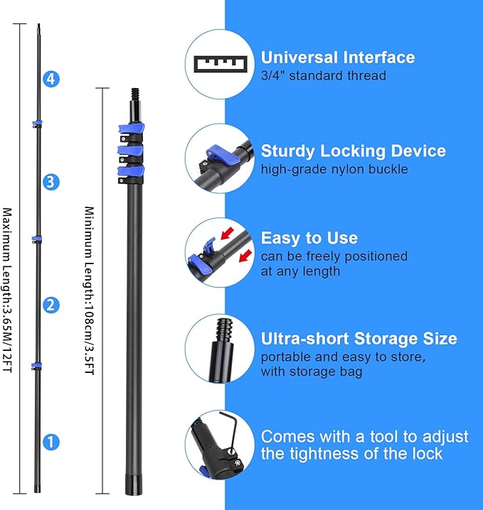 18 Foot High Ceiling Duster Kits with 3.5-12 FT Carbon Fiber Extension Pole, Feather Duster, Cobweb Duster, Ceiling Fan Duster, Window Squeegee & Cleaner with Pole 12 Ft