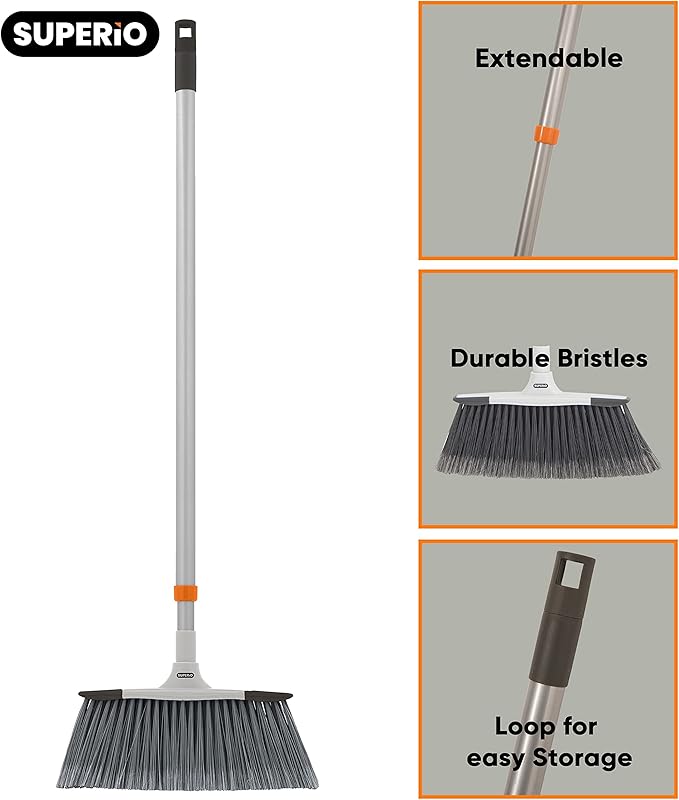 Slim Angle Broom, Heavy Duty Broom, Indoor Brom, Outdoor Angle Broom with Extendable Handle, Durable Collapsible Broom for Home, Kitchen, RV, Travel, Grey, 1 Pack, by Superio