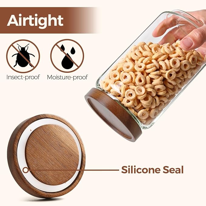ComSaf 3Pcs (1.7Qt) Airtight Glass Pasta Storage Containers with Acacia Wood Lids, Tall Pantry Storage Container for Organizing Spaghetti and Pasta, Thick Glass Spaghetti Container with Pasta Labels