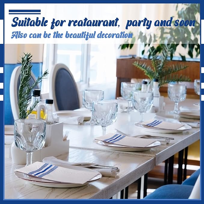 Jetec 200 Pack Guest Napkins Disposable Paper Hand Towels Bathroom Decorative Napkins Linen Feel Soft Absorbent Bulk Dinner Paper Towels for Kitchen Event Wedding Christmas Party(Blue Stripe)