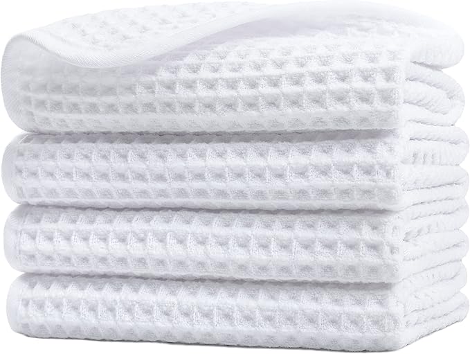 POLYTE Microfiber Lint Free Washcloth Face Towel, 13 x 13 in, 4 Pack (Waffle Weave)