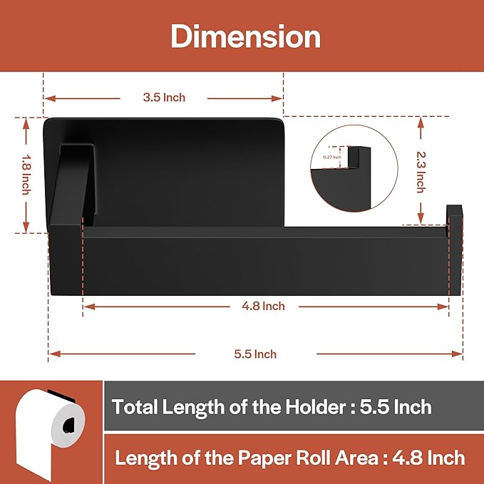 Toilet Paper Holder, Self-Adhesive Toilet Paper Roll Holder for Bathroom and Washroom, No-Drill SUS 304 Stainless Steel,Matte Black