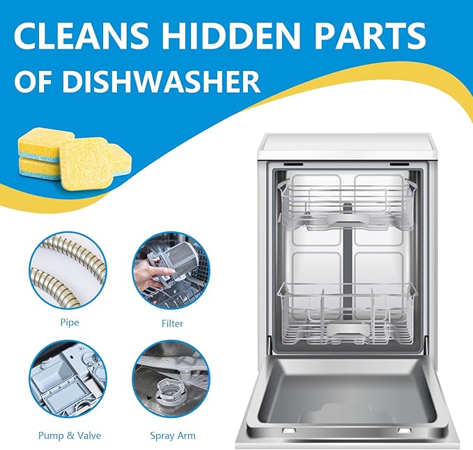 24-count Dishwasher Cleaner Tablets with Coral Fleece Cleaning Cloth, Deep Cleaning and Descaling Formula, Removes Odors and Hard Water Residue, Maintains Dishwashers(Lemon Scent)