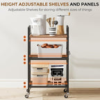 3-Tier Metal Storage Rack with Industrial Wheels,Mesh Shelving Unit with Wooden Table top,Adjustable Shelf,16.9-Inch Width,for Kitchen,Laundry,Pantry,Plant,Black