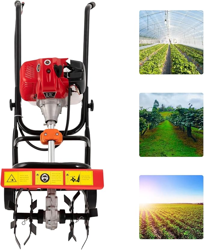Gas Powered Tiller 52CC 2 Stroke Commercial Heavy Duty Tiller 1.9KW Hand Rotary Cultivator Rototiller Garden Tool with Long Handle for Soil Cultivation
