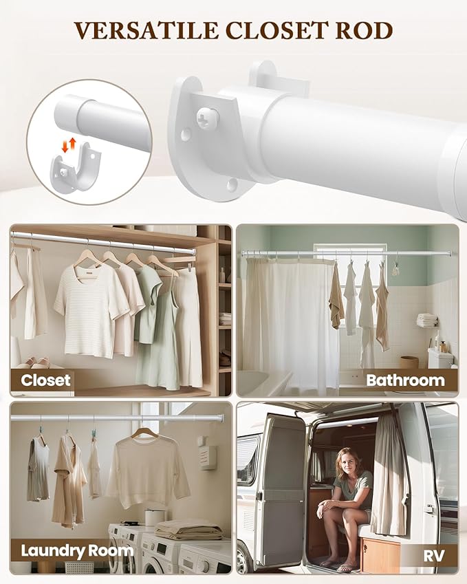 Closet Rod 17-69 IN, Heavy Duty Closet Rods for Hanging Clothes, Adjustable Closet Rods for Wardrobes Storage Laundry RV Bathroom, Easy Install, White