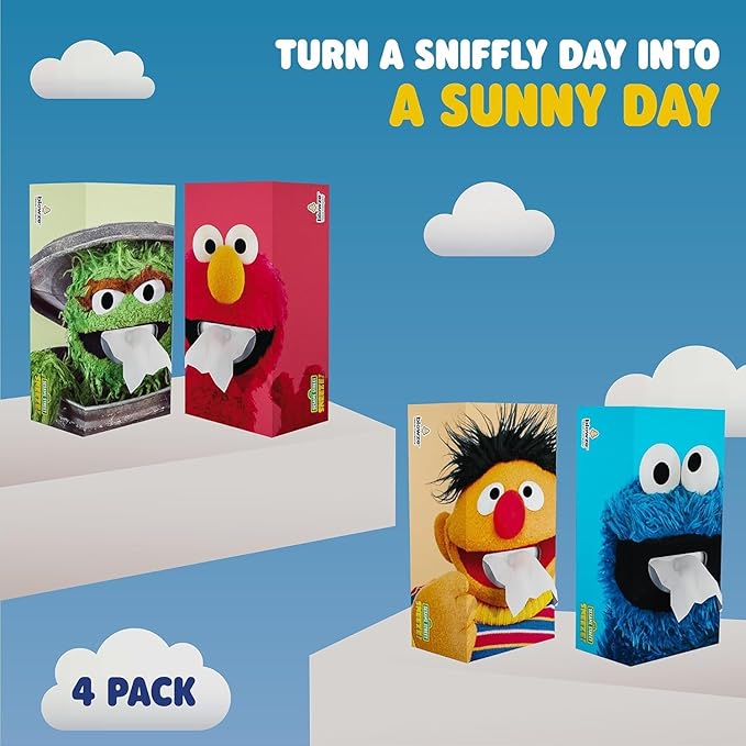 SESAME STREET SNEEZE Facial Tissues - Premium Fun Design Tissues for Kids - Ideal Get Well Gift - Gentle & Absorbent Relief for Sniffles | 8-Pack (992 Total Count/124 Each Box)