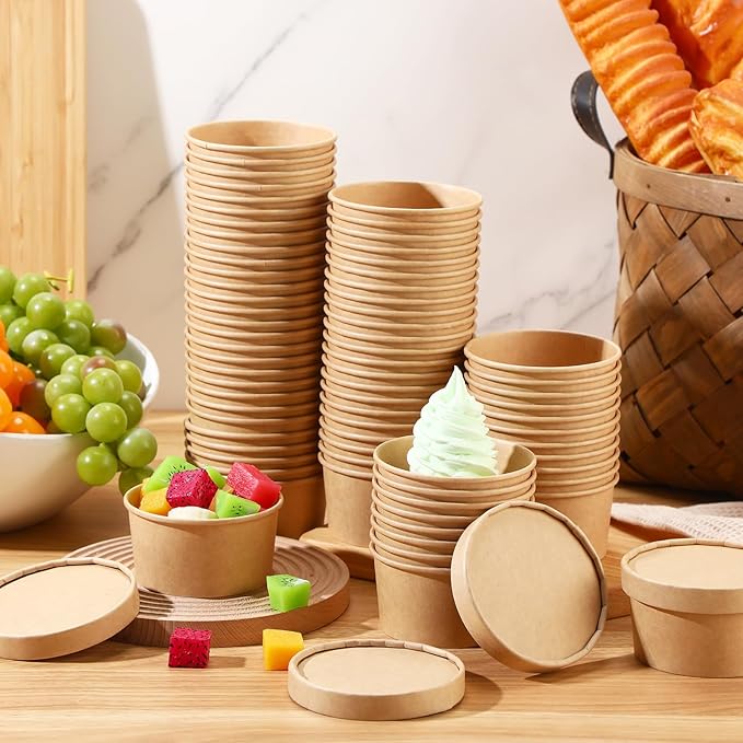 Fulmoon 100 Pack Paper Soup Containers with Lids Disposable Paper Food Containers with Vented Lids Kraft Ice Cream Bowls Soup Cup Ice Cream Cups for Restaurants(4 oz,Brown)