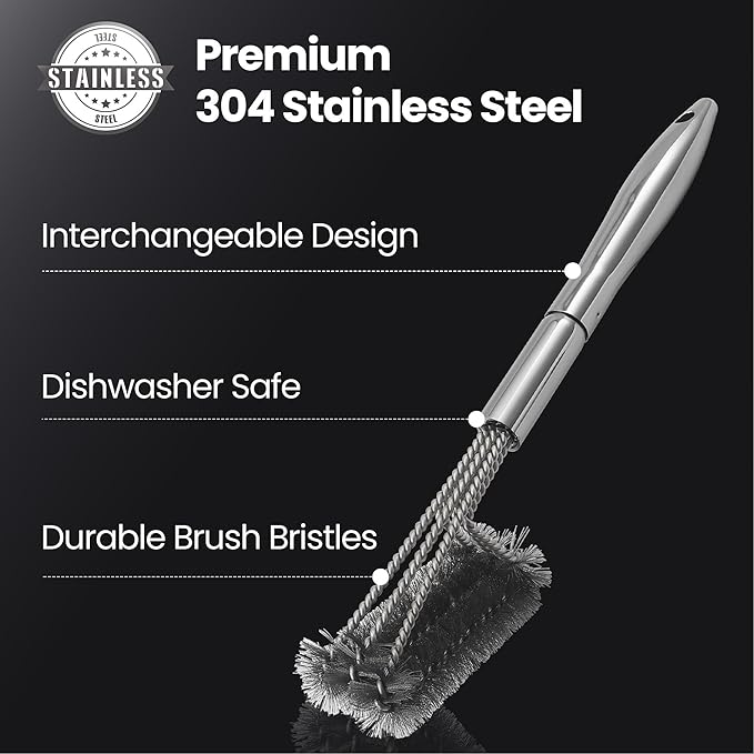 2-in-1 Stainless Steel Grill Brush Cleaning Kit, Grilling Accessories, Interchangeable BBQ Brush & Griddle Scraper with Fire-Resistant Cleaning Sponge, Dishwasher Safe Grill Cleaner, BBQ Accessories