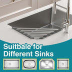 COOL-ANGLE Corner Sink Drying Rack, 16"x9.5" Rust-Proof Aluminum Triangular Dish Drainer, Heat Resistant Roll Up Mat for Kitchen Counter, Sponge Holder & Organizer with Non-Slip Silicone Base, Gray
