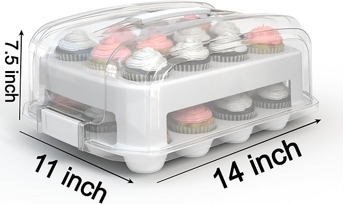 Top Shelf Elements Cupcake Carrier, EXTRA LARGE LID, White Cupcake Holder Carries 24 Standard-Size Cupcakes, Muffin Traveler Two Tier Stand Reusable Cupcake Box