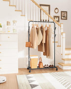 Sakugi Clothes Rack - Metal Coat Rack with Bottom Shelf, Portable Wardrobe Rack with 6 Side Rods, Rolling Clothing Rack for Hanging Clothes for Bedroom or Laundry Room (Black, 28.7 x 17 x 59.4)
