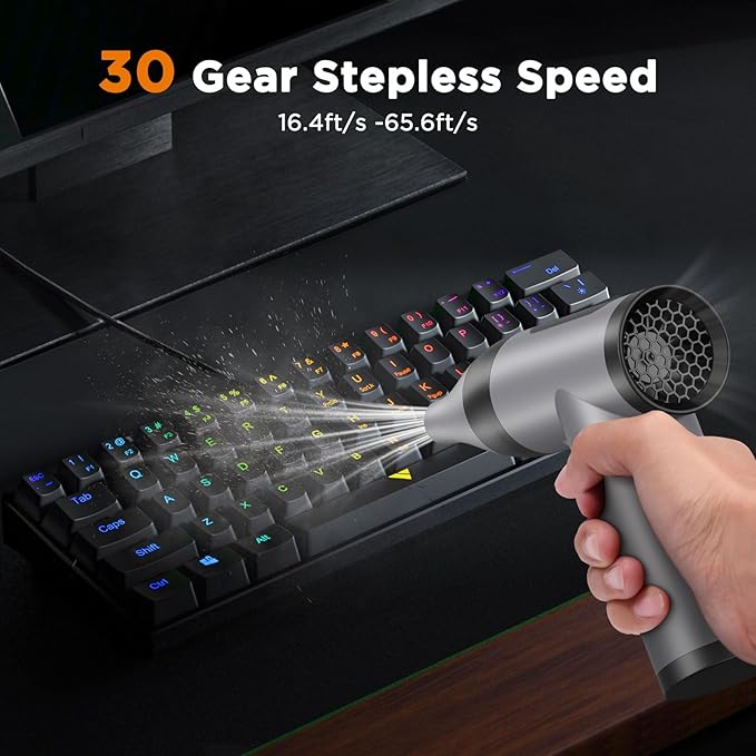 Compressed Air Duster, 30 Gear Stepless Speed, 70000 RPM Super Power Dust Blower, Max 300min Work, Rechargeable Cordless Clean Device for Computer, Keyboard, Car, Outdoor, House, Fan