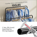 Simple Trending Clothing Clothes Rack Double Rods with Wheels, Rolling Metal Garment Rack for Hanging, Black