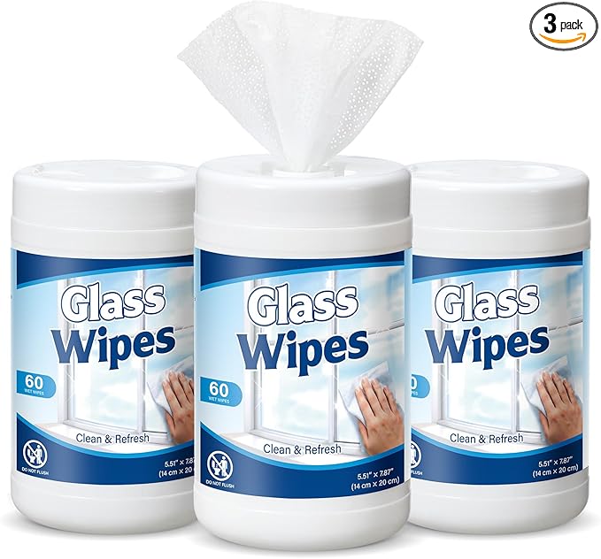 Nuanchu 3 Pack Glass Cleaning Wipes 180 Count Pre-moistened Glass and Original Ammonia-free Formula Surface Wipes for Mirrors, Windows, Kitchen, Home