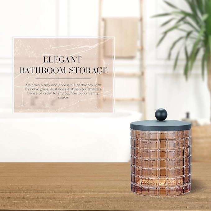 Amber Colored Tranlucent Apothecary Etched Geometric Grid Glass Jar W/Matte Black Metal Lid for Bathroom Organization, Cotton Balls, Q Tips, and Small Accessories, Bathroom Storage