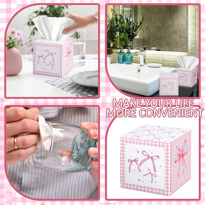 12 Pack Pink Bow Facial Tissues Cube Boxes 600 Sheets 3 Ply Small Square Face Tissues Bulk for Bow Coquette Birthday Bridal Bachelorette Wedding Party Supplies
