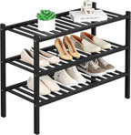 ROMGUAR CRAFT 3 Tier Bamboo Shoe Rack for Closet Free Standing Wood Shoe Shelf Storage Organizer for Entryway Small Space Stackable 27"x11"x20" (Black)
