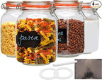 Encheng 50oz Glass Jars with Clamp Lids,Set of 4,1500ml Square Wide Mouth Mason Jars with Airtight Lids,Large Glass Storage Container with Clip Lids for Kitchen,Flour,Pasta,Beans