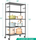 Folews 5 Tier Storage Shelves with Wheels - Adjustable Wire Shelving Unit Metal Shelves for Storage Rolling Utility Shelf Organizer Rack for Kitchen Garage Pantry Closet Laundry(14D x 36W x 75H)