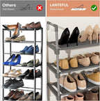 LANTEFUL 3 Tier Shoe Rack for Closet, Shoe Organizer with 5 Hooks, Long Shoe Shelf Storage for Shoe and Boot Stackable Free Standing Shoe Rack for Entryway, Garage, Small Spaces, Dorm, Grey