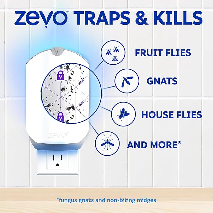 Zevo 2 Flying Insect Traps & 2 Refill Cartridges - Plug in Fly Trap & Indoor Bug Catcher for Gnats, House & Fruit Flies - Blue & UV Light Technology, Mess-Free Alternative to Bug Zapper