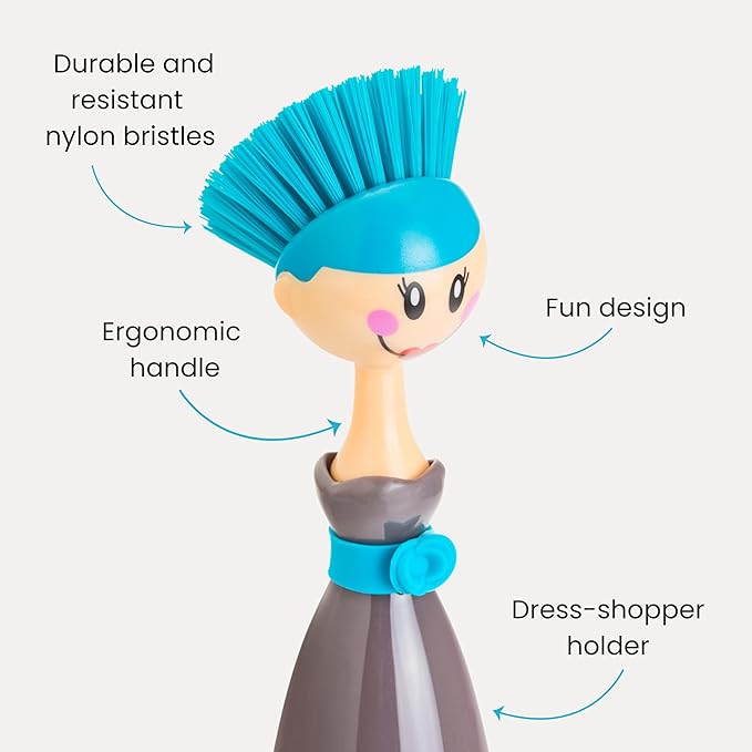 Vigar Dolls Dish Brush with Ergonomic Handle and Dress-Shaped Brush Holder, Dish Brush with Handle for Kitchen Dishes and Sink Cleaning, Gray, Blue