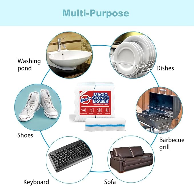BINI'S Magic Sponge Eraser, Extra Durable, Multi Purpose Cleaner, Shoe, Bathroom, Shower, and Car Window and Windshield Cleaner, Cleaning Pads, 6 Count
