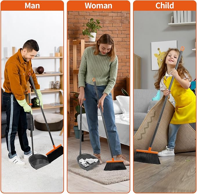 Long Handle Broom with Dustpan Combo Set for Office Home Kitchen Lobby Floor Cleaning Broom Dustpan for Indoor&Outdoor Sweeping