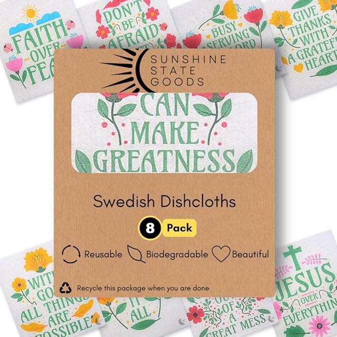 Swedish Dishcloths for Kitchen - Ecofriendly Reusable Paper Towels, Biodegradable Dish Cloths - Cellulose Sponge Dish Cloths for Washing Dishes - 8 Pack (Christian Messages)