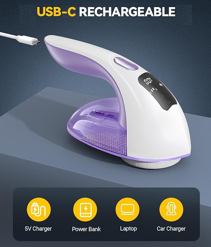 Rechargeable Fabric Shaver and Lint Remover, 3-Speed Adjustable Sweater Shaver with 6-Leaf Replaceable Stainless Steel Blades, 2.6Inch Large Mesh, Removable Bin for Clothes Fuzz, Lint, Pills, Bobbles